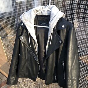 Bagatelle Women's Black Leather Jacket with Gray Hood